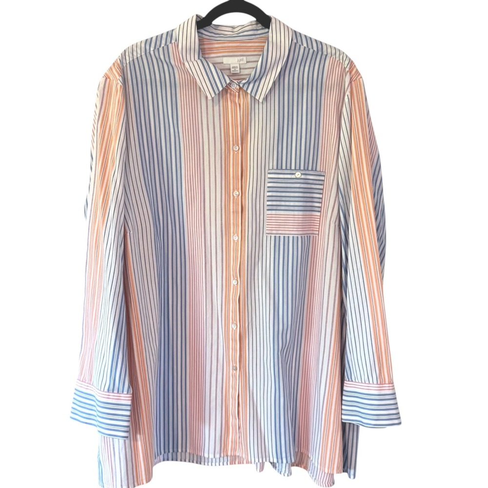 J. Jill Women's 4X Shirt Button Up Striped Blue Orange Coral Pastel Plus Size